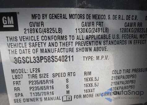 2008 Saturn Vue 4-Cyl Xe from USA, damaged, VIN 3GSCL33P58S540211